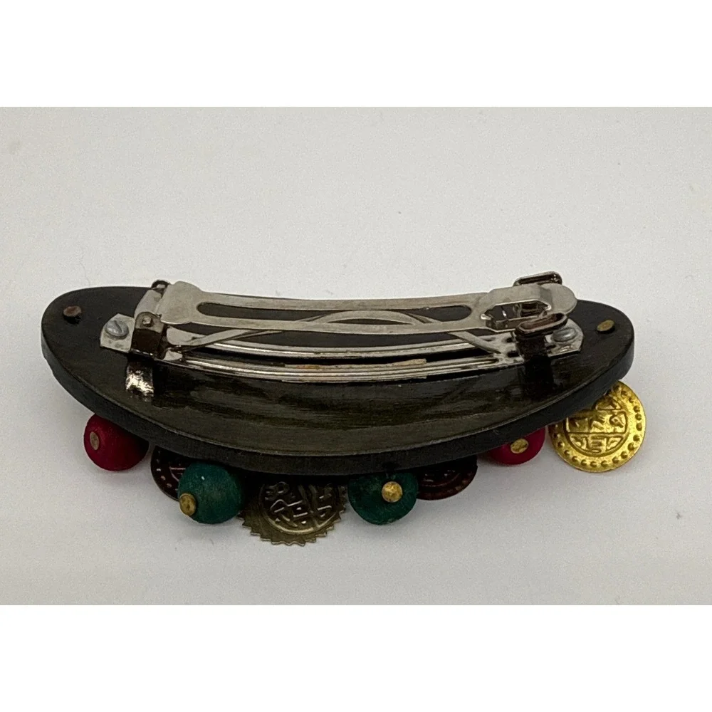 Vintage Boho Oval Hair Barrette with Dangle Coins and Colorful Beads French Clip